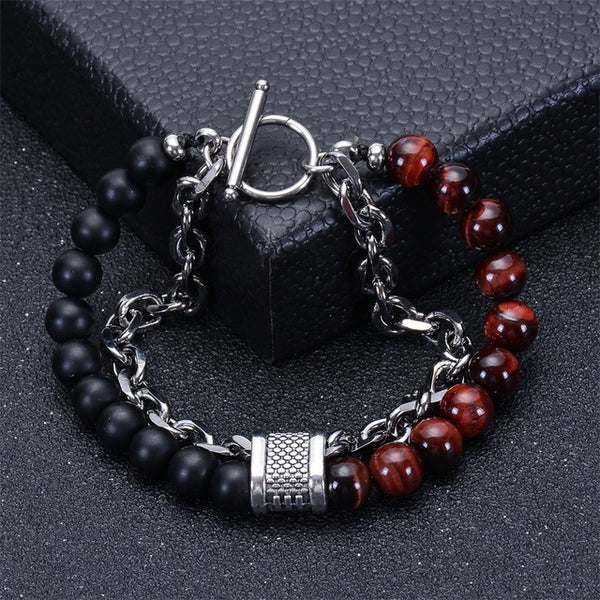 TCC™ Natural Red Tiger Eye & Matt Agate Stone Stainless Steel Bracelet
